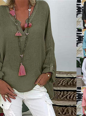 Women's clothing Solid color V-neck cotton and linen blouse