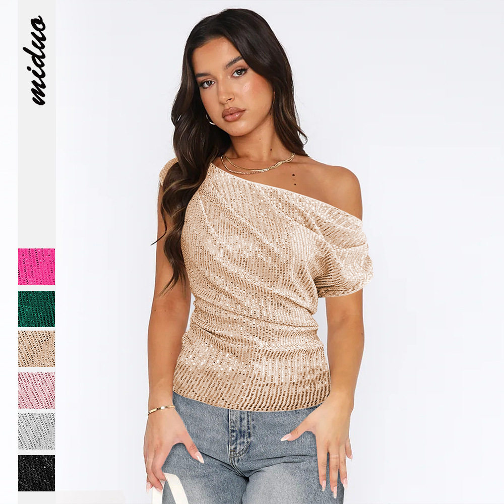 Women's 2024 Beaded Slim Top Sexy Shoulder Sequin T-shirt
