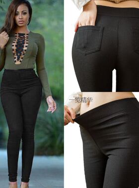 Women jeans black elastic washed denim high waist pants 2018