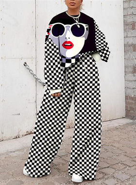 2021 female printed loose plus size casual two-piece suit