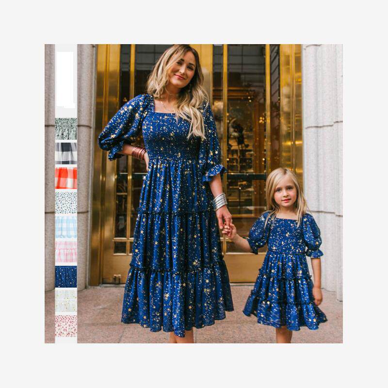 Digital printed women's mother daughter square collar dress