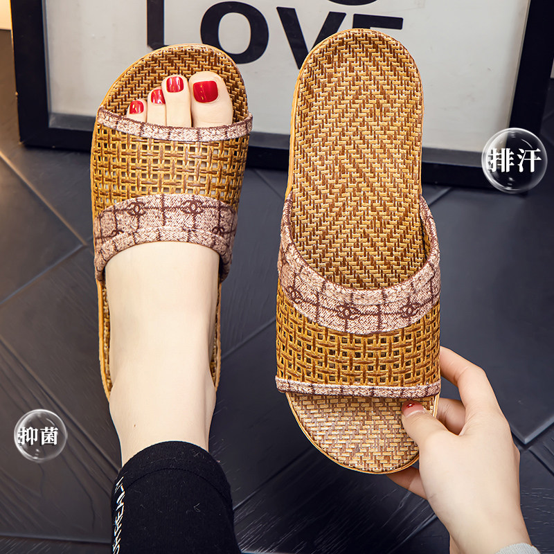 藤草编织拖鞋情侣夏季居家室内透气中式女款亚麻平底轻便凉拖男士