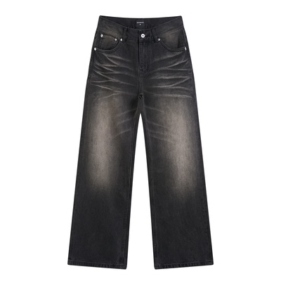 COPYPASTER 005 水洗做旧立体压皱猫须2021M阔腿黑灰色微喇牛仔裤