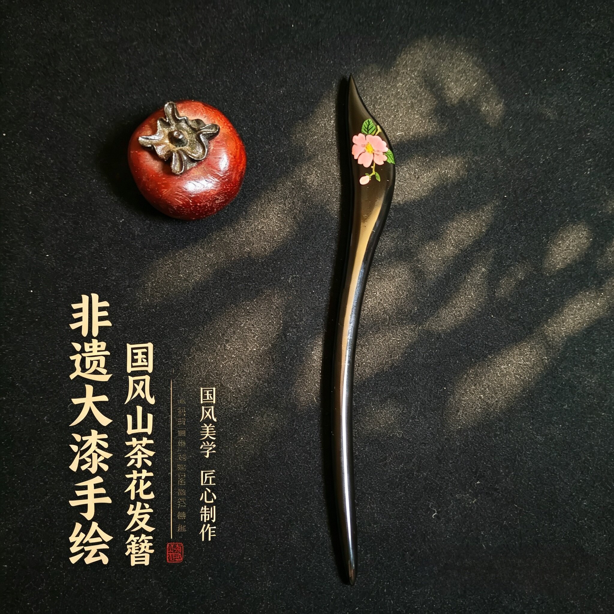 山茶花大漆发簪古风檀木发饰图片