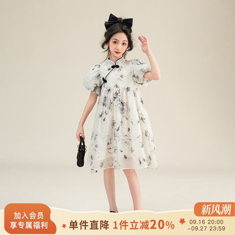 女童夏款改良旗袍泡泡袖连衣裙图片