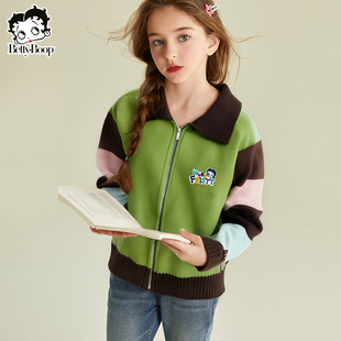 贝蒂女童秋冬拼色时髦短款套头毛衣2026年秋季儿童大童韩版上衣