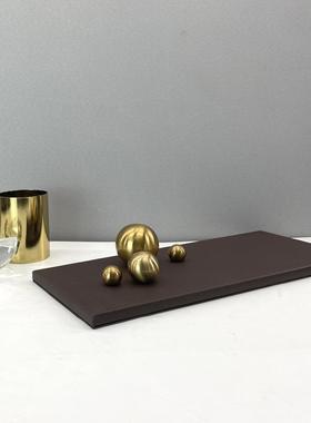 现代简约北欧黑色卡其色PU皮金属球装饰托盘 样板间客厅收纳摆件