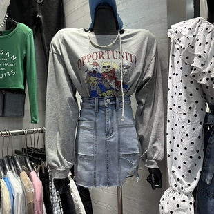 23春季 T恤 小清新圆领卡通小熊印花宽松休闲长袖 popo 新款 ruru韩版