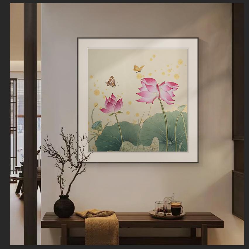 并蒂莲花客厅玄关装饰画蝴蝶荷花走廊过道挂画中式方形背景墙壁画图片