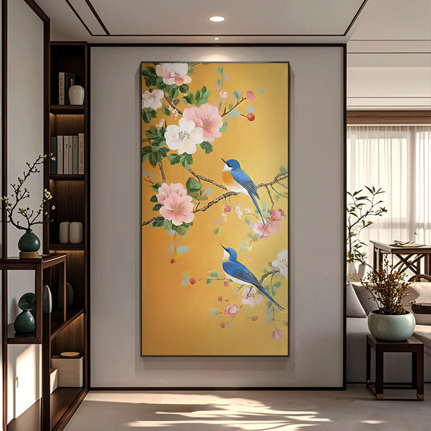 喜上眉梢新中式玄关装饰画蓝雀报喜客厅进门挂画吉祥入户家居壁画