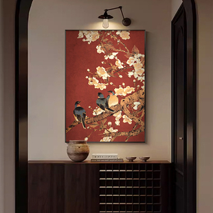 喜气盈门中古风玄关装饰画中式花鸟背景墙挂画寓意好竖版过道壁画