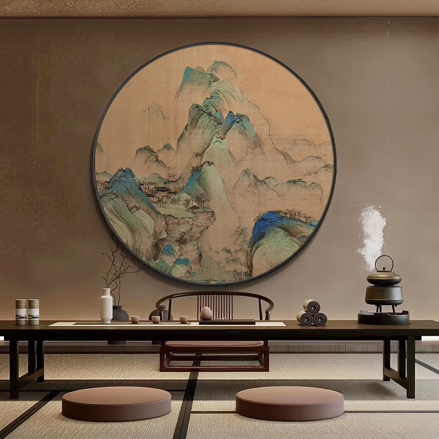 千里江山图茶室挂画新中式走廊过道山水画圆形大气酒店装饰画图片