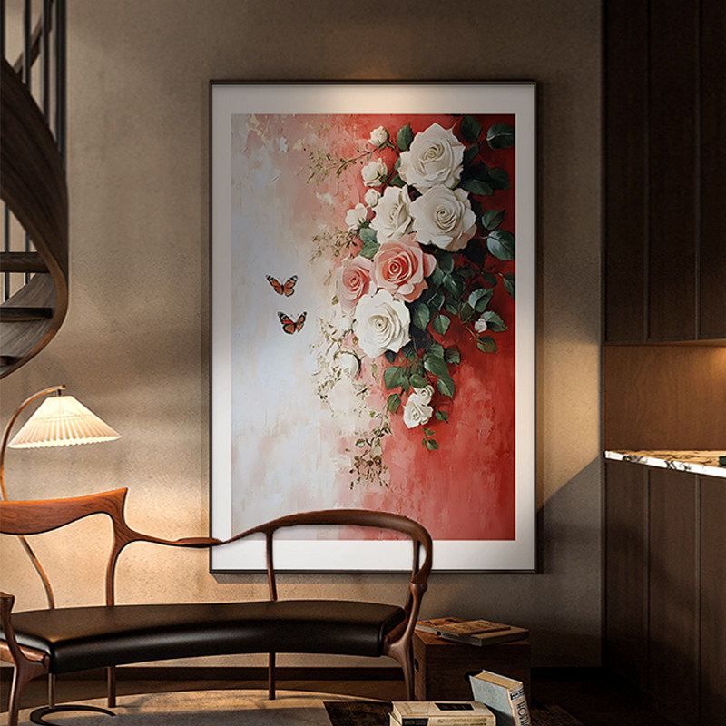 玫瑰花客厅玄关装饰画高级感蝴蝶走廊过道挂画中式落地画茶室壁画
