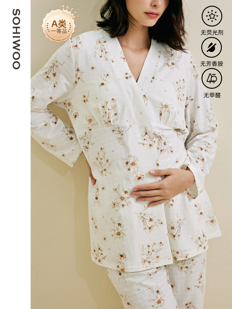 Sohiwoo月子服春夏款式带护垫产后母乳喂养孕妇睡衣产妇养老院套