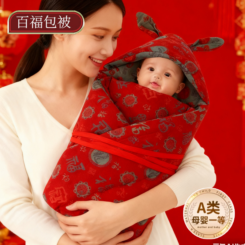 初生婴儿大红包单纯棉百福长命百岁包巾出院喜庆大红裹布吉祥如意