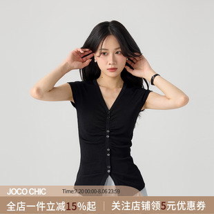 CHIC黑色显瘦V领正肩短袖 女夏新款 JOCO 针织衫 上衣 修身 褶皱小飞袖