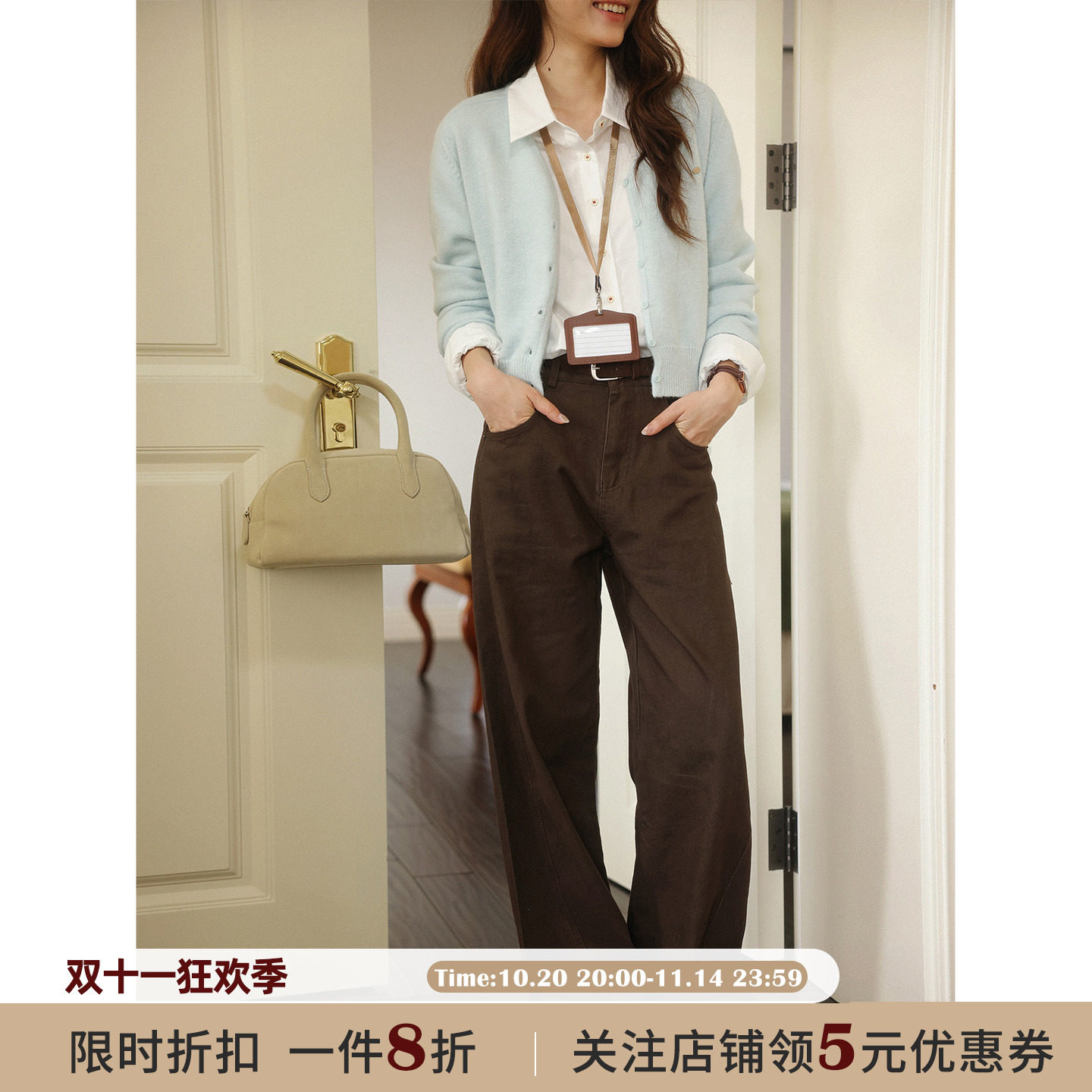 JOCO CHIC 咖色复古简约高腰直筒阔腿休闲裤女2025秋宽松廓形长裤