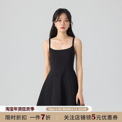 JOCO CHIC黑色法式复古吊带连衣裙夏新款修身显瘦a字露背短款裙子