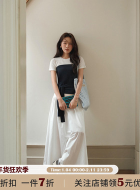 JOCO CHIC白色法式休闲气质高腰半身裙女2025夏季宽松百搭a字长裙