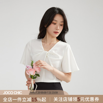 JOCOCHIC白色V领扭结短袖衬衫