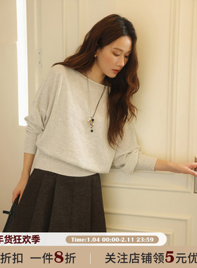 JOCO CHIC 灰色简约温柔长袖毛针织衫女2025秋宽松落肩袖慵懒上衣