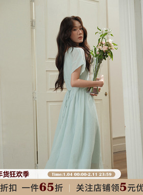 JOCO CHIC绿色韩版修身褶皱收腰连衣裙女夏季宽松显瘦a字短袖长裙