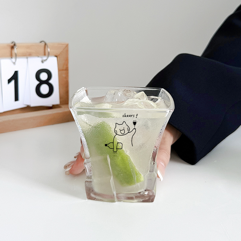 原创小猫冰块玻璃杯高颜值家用喝水茶杯杯子果汁气泡咖啡杯牛奶杯
