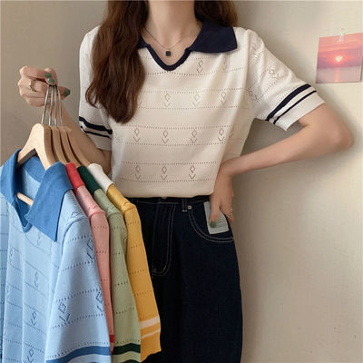 2025夏新款冰丝针织衫镂空翻领