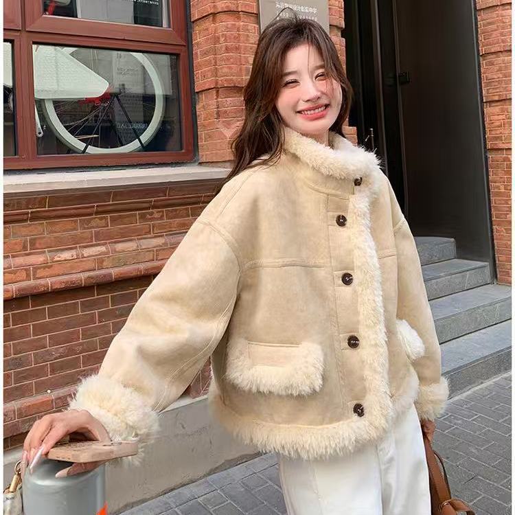 韩系小香风羊羔毛厚外套
