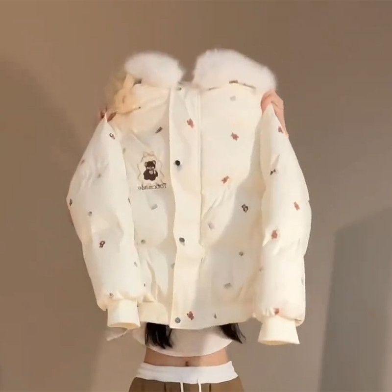 日系学院风小熊毛领连帽棉服外套