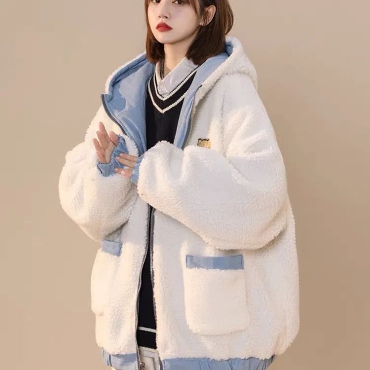 奶huhu的蓝色加绒加厚两面穿棉衣