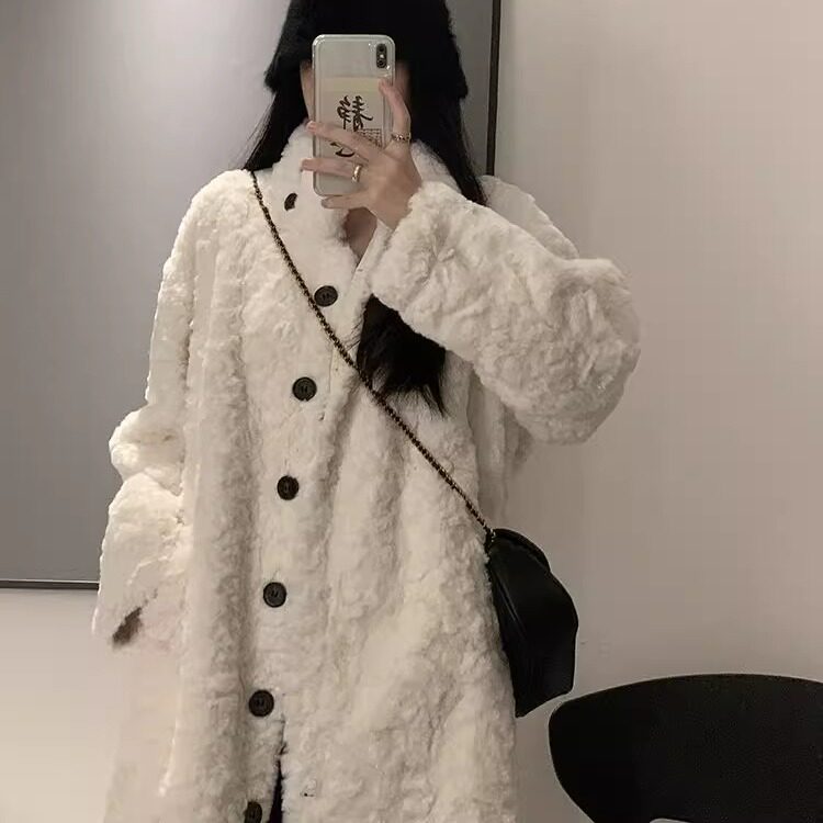羊羔毛外套女长款大衣过膝秋冬新款加厚百搭兔绒皮草加厚宽松立领