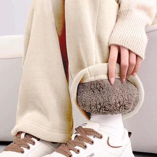 黑色羊羔绒阔腿裤女秋冬加厚棉裤直筒休闲雪尼尔冬季加绒裤子外穿