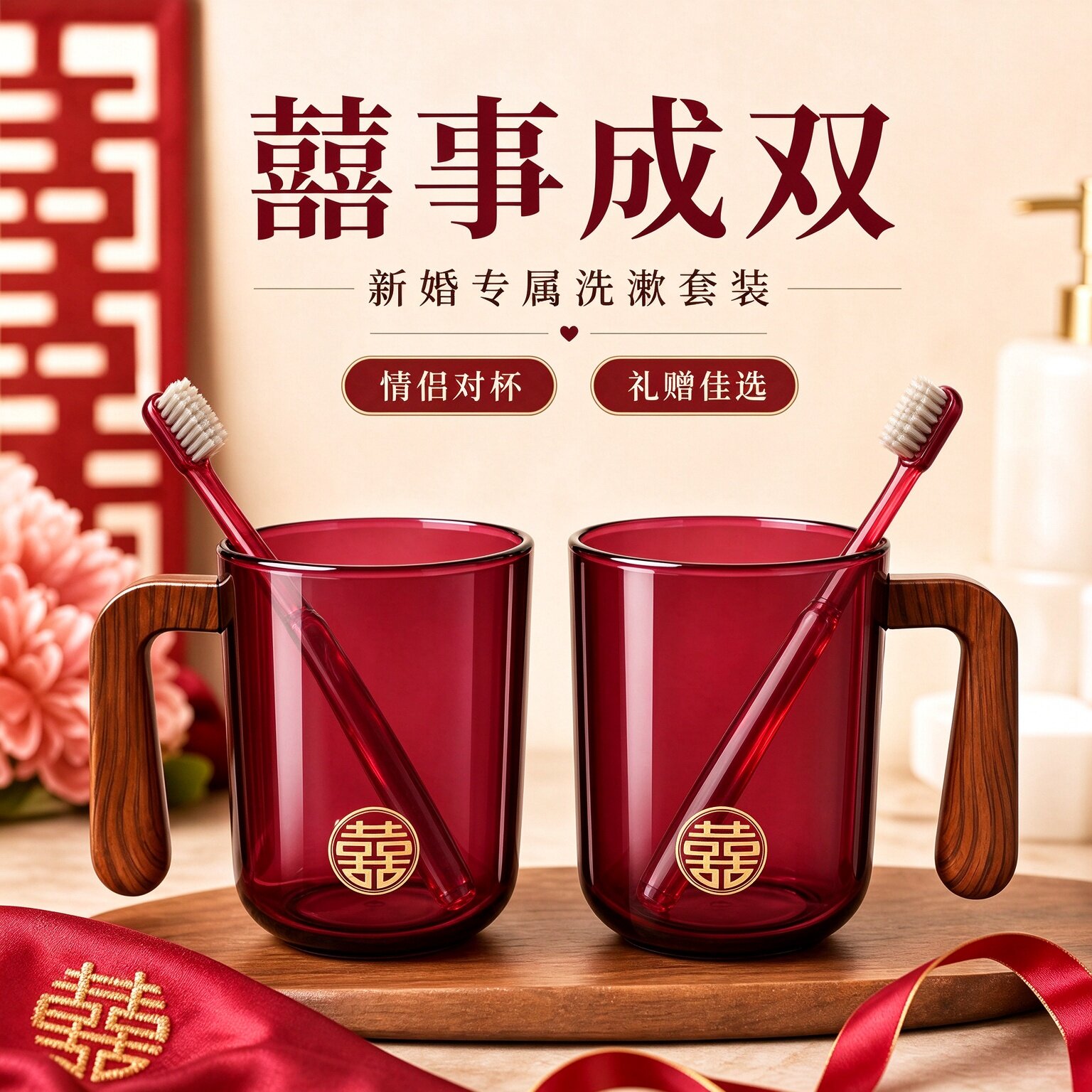 结婚新婚情侣洗漱杯一对红色双喜漱口杯塑料婚庆用品高级刷牙口杯