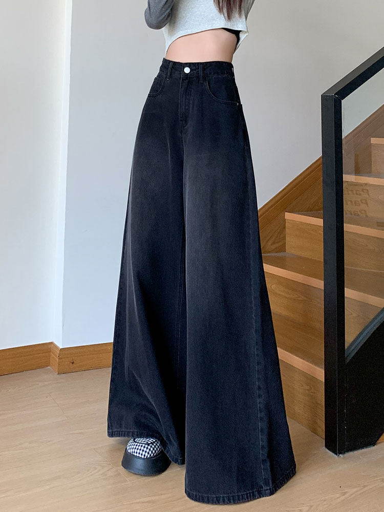 黑灰色大阔腿牛仔裤女2025年春秋季新款高腰宽松垂感拖地休闲裤子