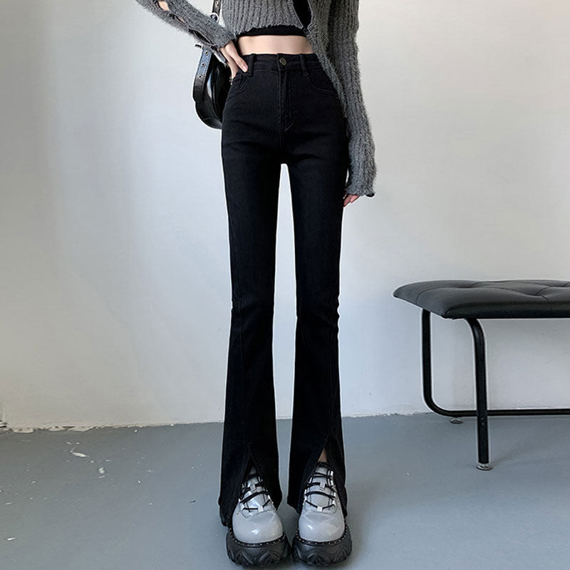 开叉弹力微喇牛仔裤女2025年春季黑色新款高腰修身显瘦喇叭裤裤子