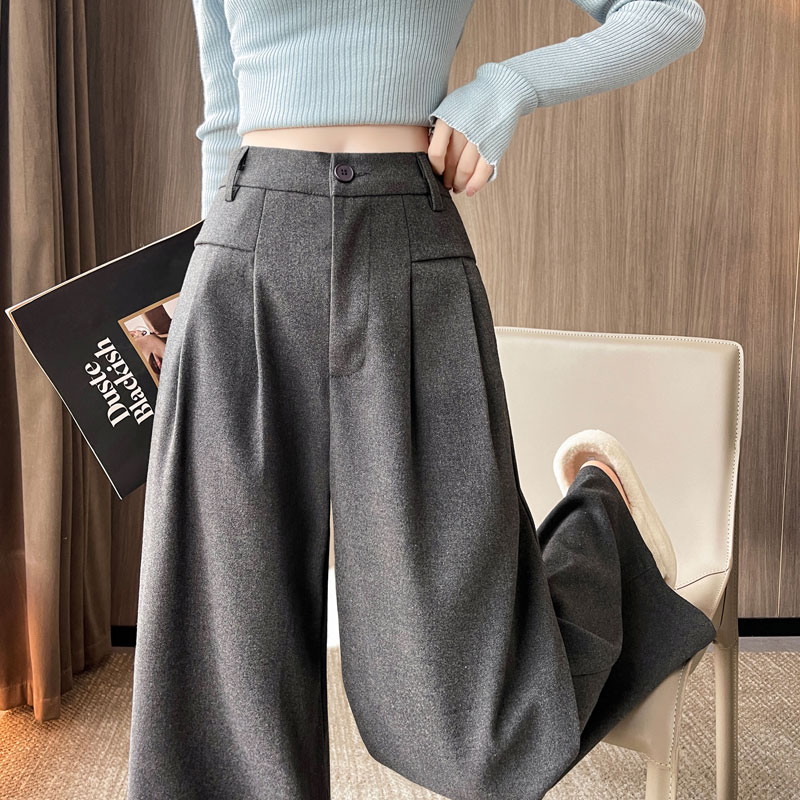 灰色加厚毛呢阔腿裤女2025年秋冬季新款高腰宽松显瘦直筒休闲裤子