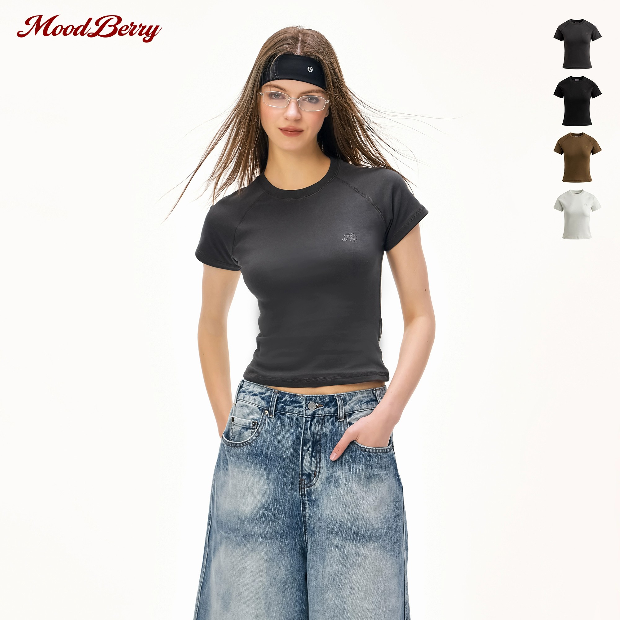 官方MoodBerry美式复古修身短款正肩T恤女夏季纯色基础款百搭短袖