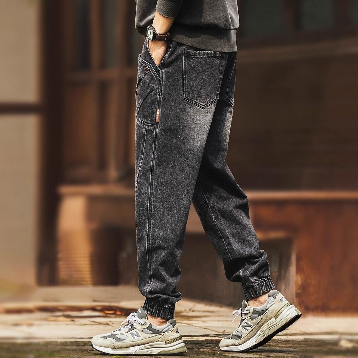 复古高端美式复古黑灰色牛仔裤男士百搭春秋新款宽松束脚工装裤子,男装,牛仔裤,淘宝优惠券,粉丝福利购,淘宝优惠卷