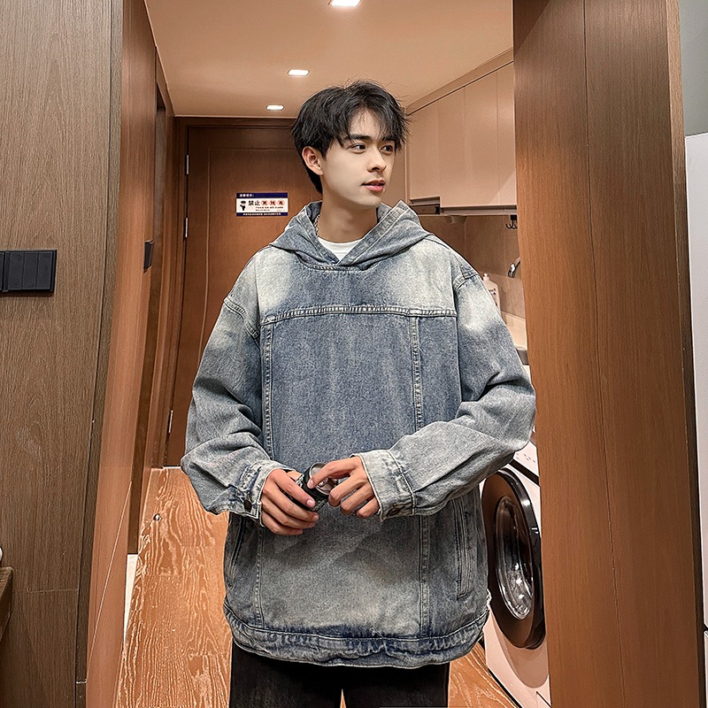 高街美式复古水洗牛仔连帽卫衣男春秋季休闲宽松高级情侣上衣外套