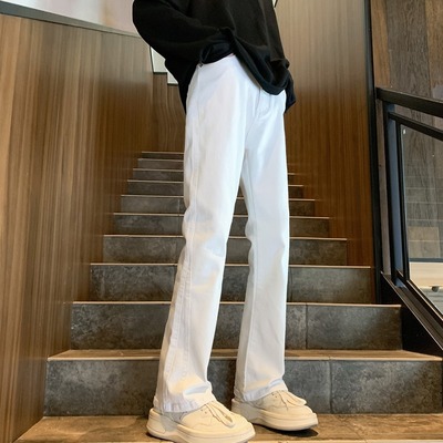 美式高街vibe修身直筒休闲长裤白色牛仔裤男春季潮牌痞帅微喇裤子