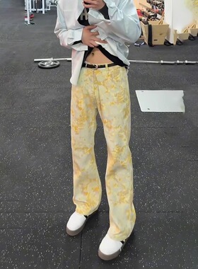 美式黄色扎染牛仔裤男款潮牌cleanfit高街vibe裤子直筒微喇弯刀裤