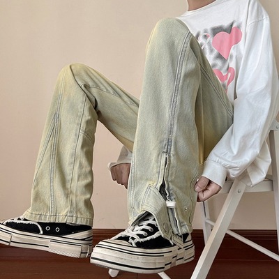 欧美vibe高街黄泥牛仔裤男春秋设计感微喇美式潮牌hiphop休闲裤子