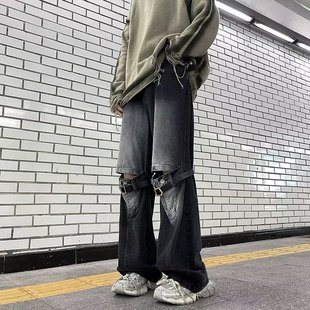 小众复古做旧立体拼接膝盖破洞皮带绑带设计美式高街微喇牛仔裤男