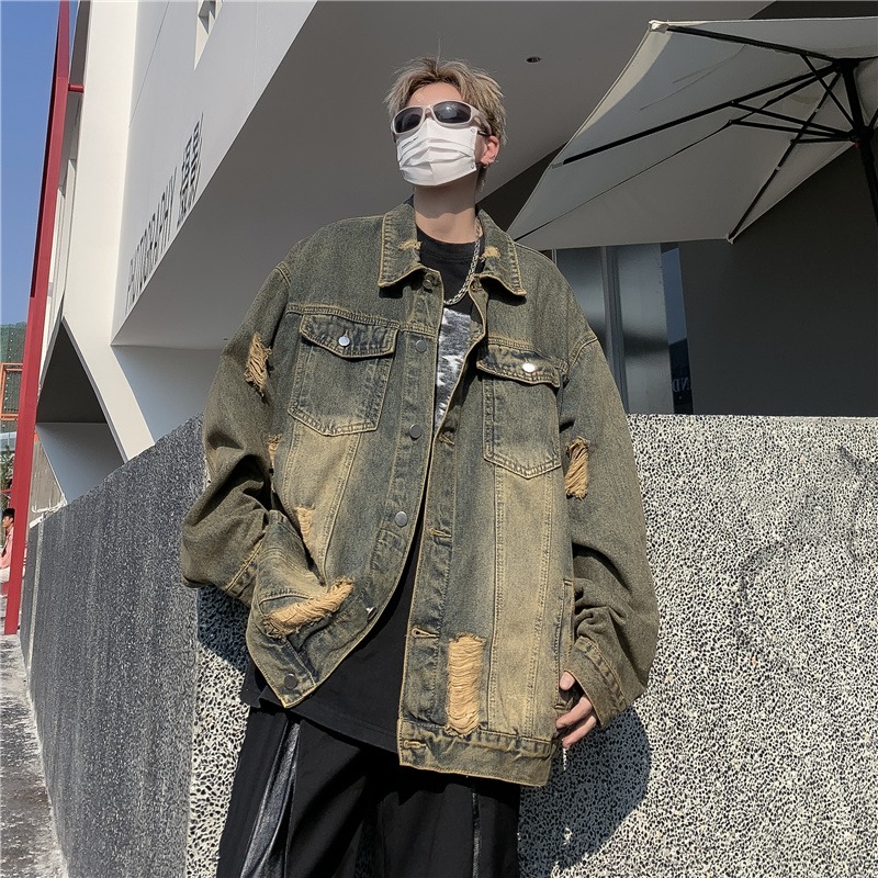 休闲夹克上衣美式复古破洞牛仔外套男款春秋潮牌痞帅大码宽松翻领