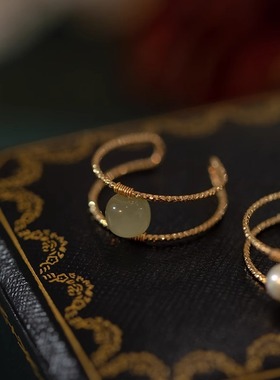 青麓.晚星*天然和田玉淡水珍珠戒指ins简约双层可调节情侣戒指女