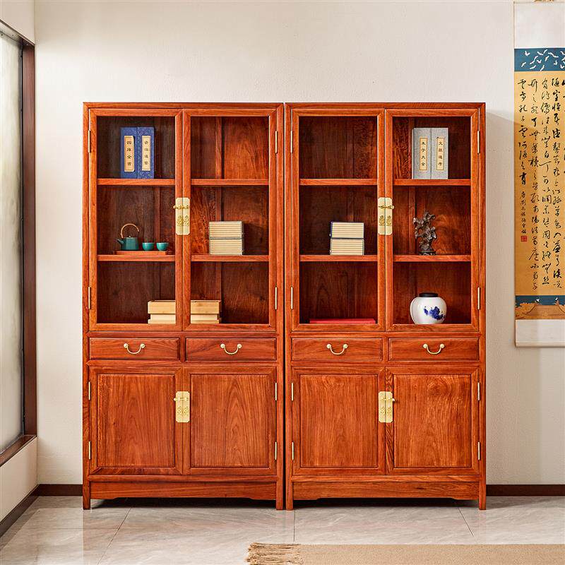 花梨木新中式书柜全实木展示柜收纳柜刺猬紫檀素面多层书橱展厂家