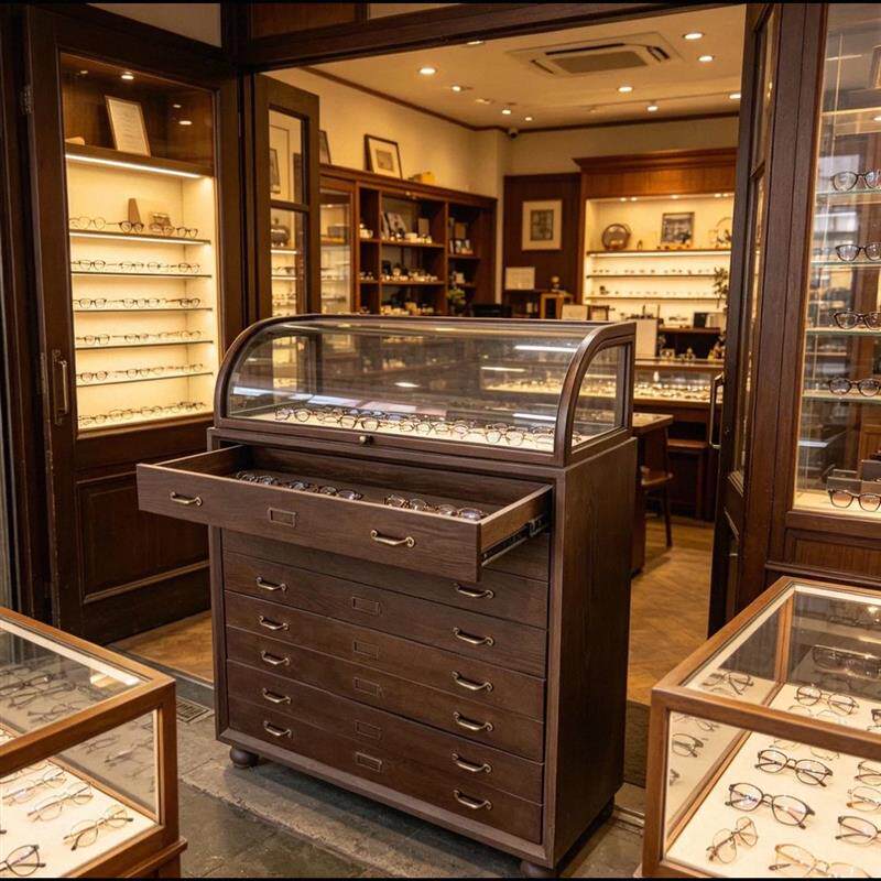 眼镜店复古玻璃柜珠宝展示台饰品展示柜翡翠珠宝柜仿古做旧柜厂家