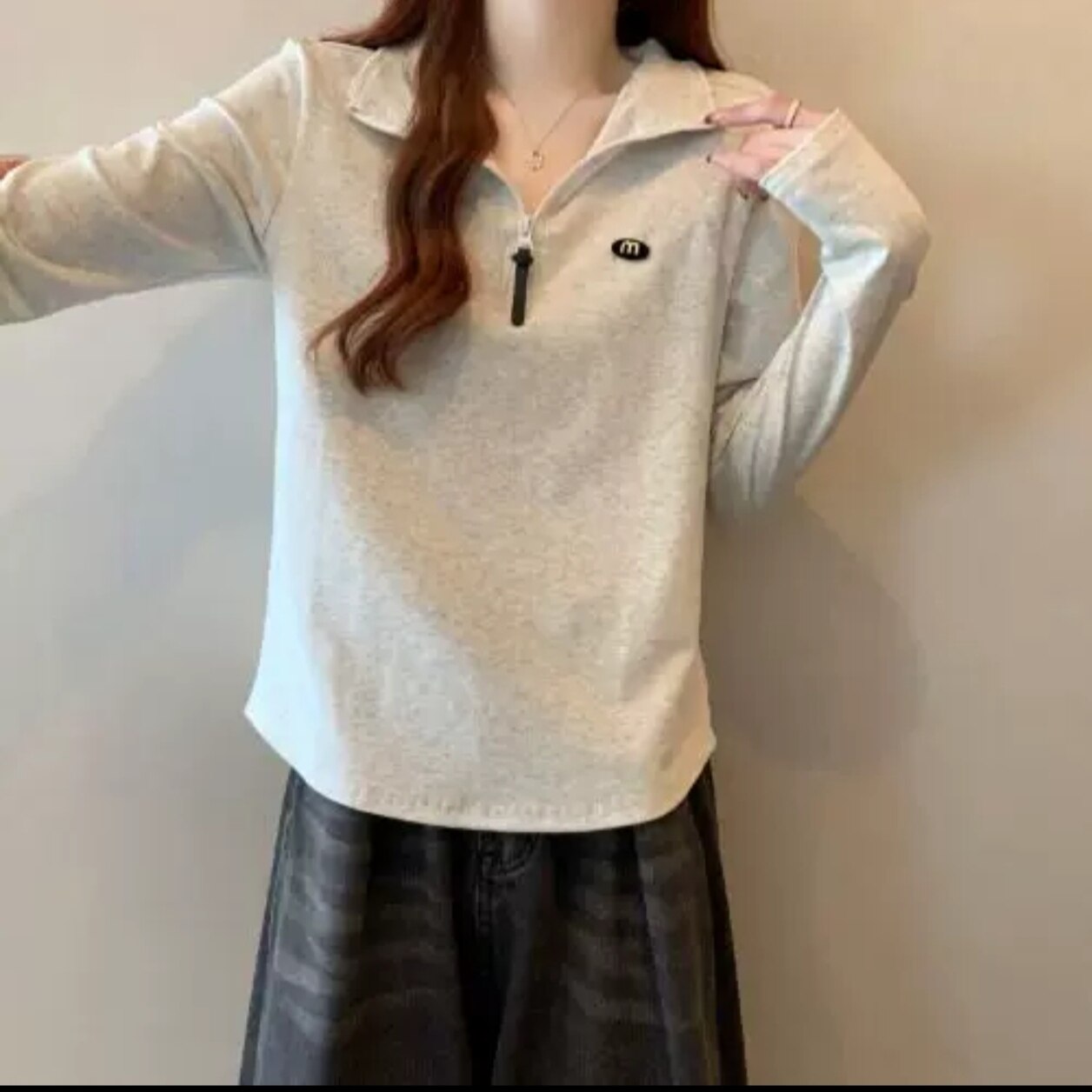半拉链polo领正肩长袖T恤女2025早秋大尺码胖mm欧货小衫不对称上