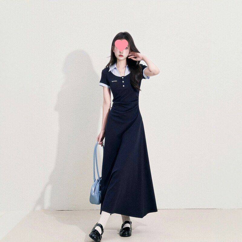 法式桔梗学院风假两件短袖连衣裙女夏季收腰显瘦设计感气质长裙子